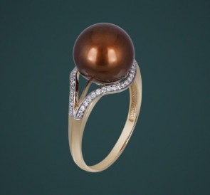 Кольцо с жемчугом к-110663жш: шоколадный морской жемчуг, золото 585°